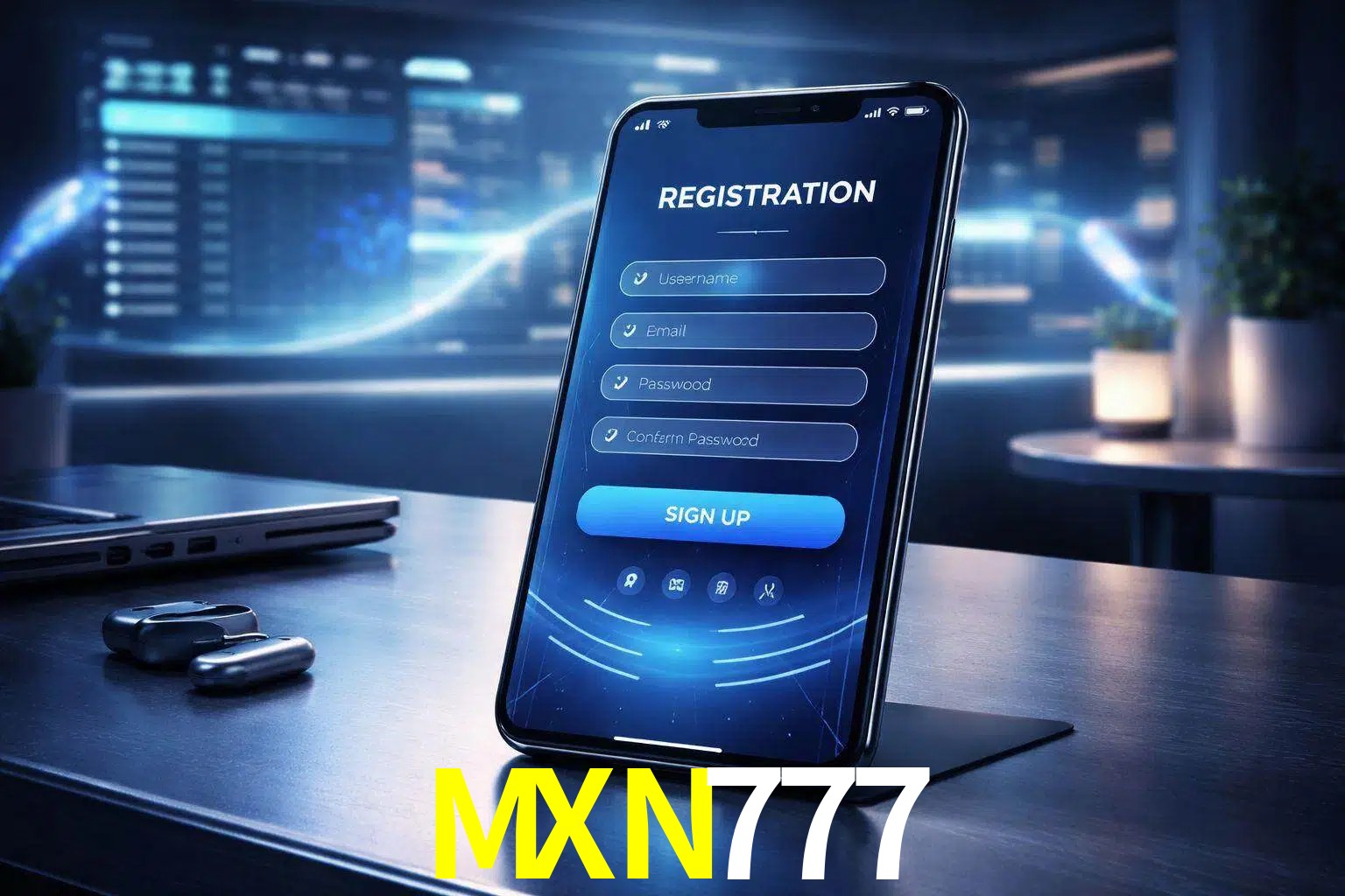 Una interfaz moderna de registro móvil para MXN777 mostrada en un smartphone con un panel de apuestas elegante.